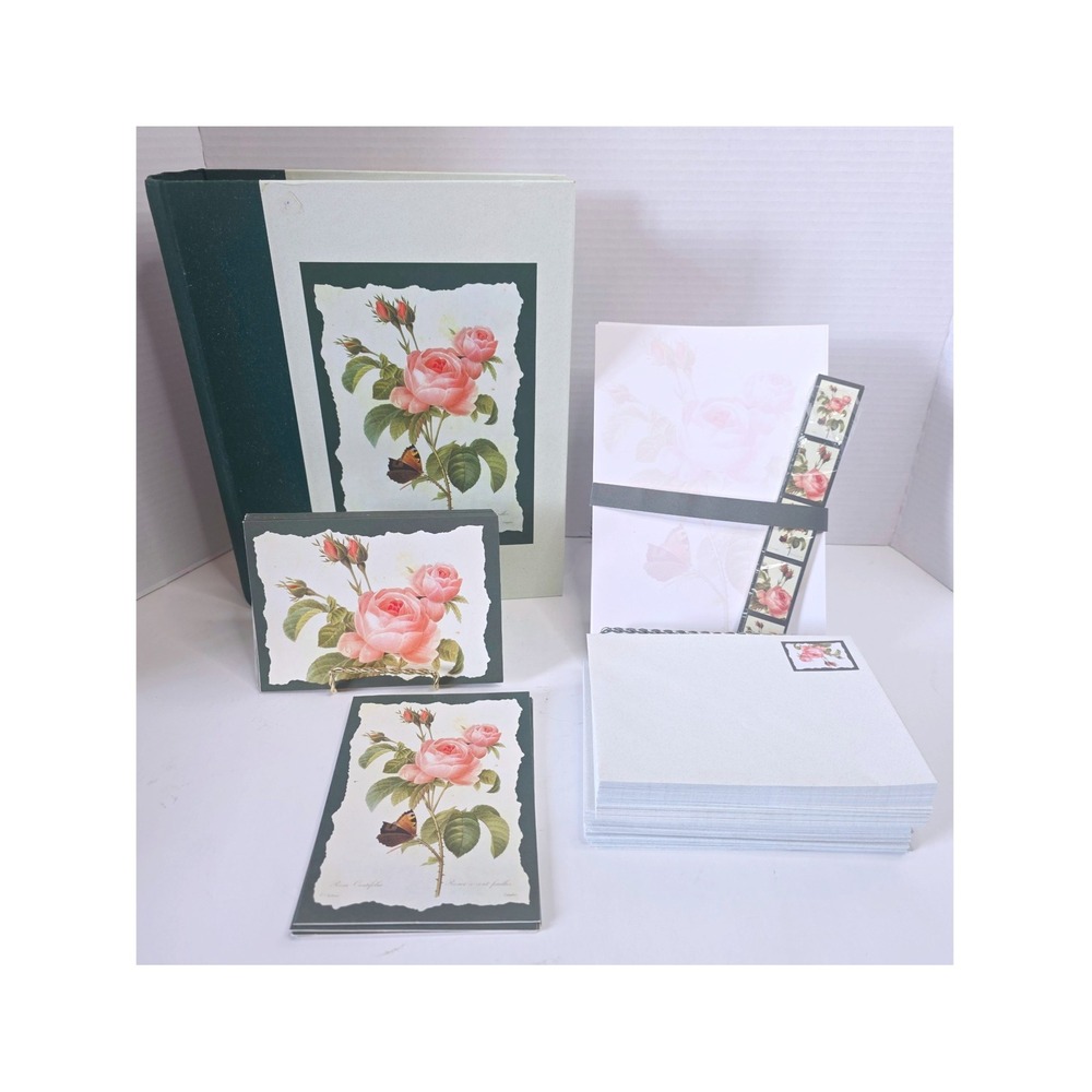 Vintage Rose Botanical Stationery Set in Book Box Pierre-Joseph Redoute Floral